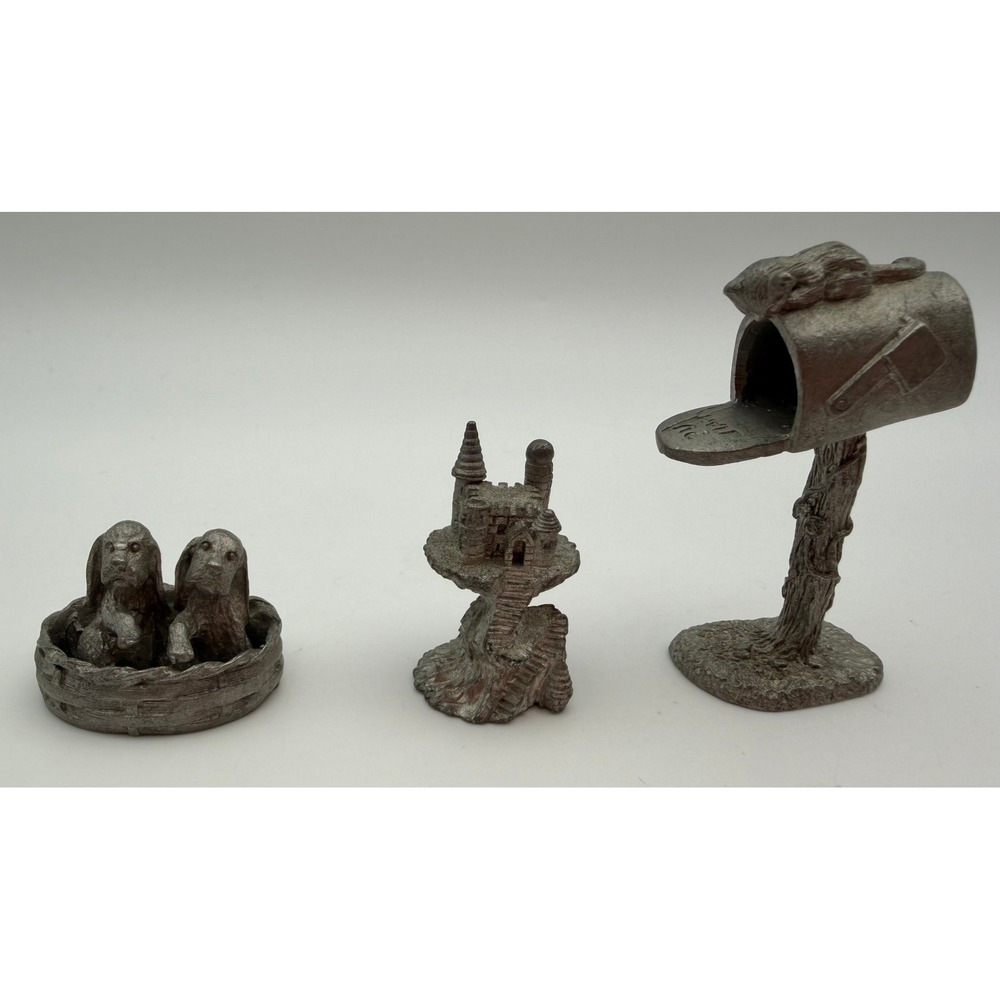Vintage Spoontiques Pewter Miniature Lot Castle Basset Hounds Mailbox Cat 3pc